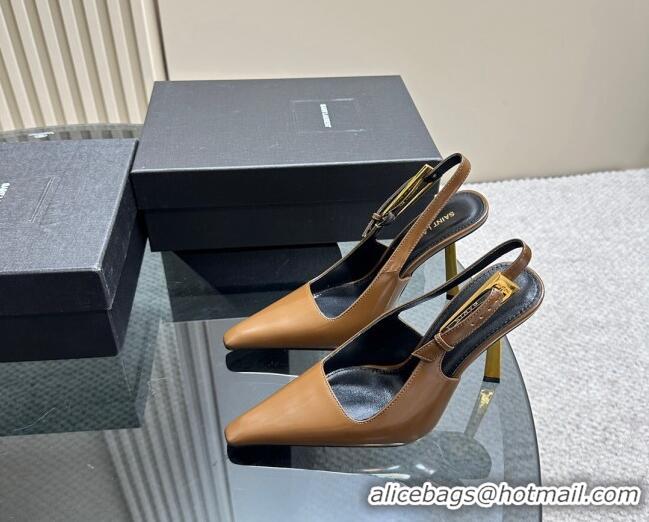 Best Grade Saint Laurent Lee Slingback Pumps 10.5cm with Buckle in Brushed Leather Brown 106058