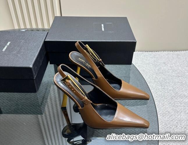 Best Grade Saint Laurent Lee Slingback Pumps 10.5cm with Buckle in Brushed Leather Brown 106058