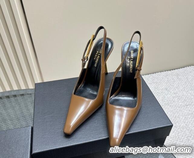 Best Grade Saint Laurent Lee Slingback Pumps 10.5cm with Buckle in Brushed Leather Brown 106058