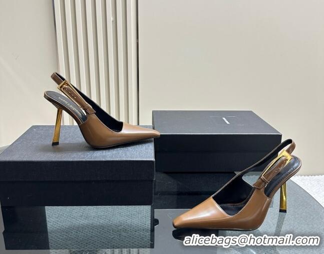 Best Grade Saint Laurent Lee Slingback Pumps 10.5cm with Buckle in Brushed Leather Brown 106058