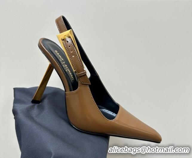 Best Grade Saint Laurent Lee Slingback Pumps 10.5cm with Buckle in Brushed Leather Brown 106058