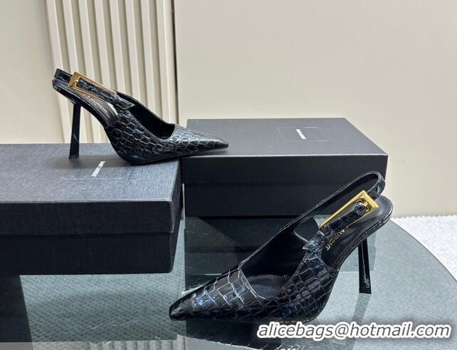 Low Price Saint Laurent Lee Slingback Pumps 10.5cm with Buckle in Crocodile Embossed Leather 106060