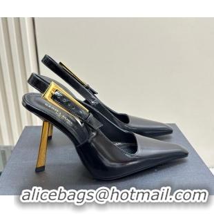 Luxurious Saint Laurent Lee Slingback Pumps 10.5cm with Buckle in Brushed Leather Black 106061