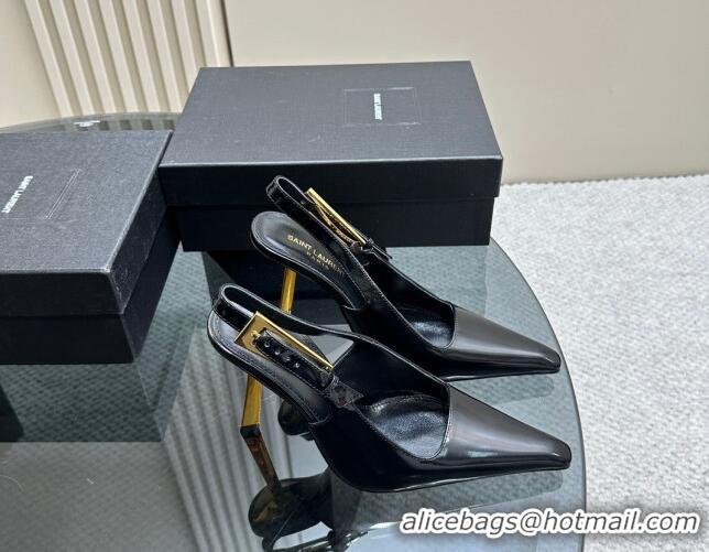 Luxurious Saint Laurent Lee Slingback Pumps 10.5cm with Buckle in Brushed Leather Black 106061