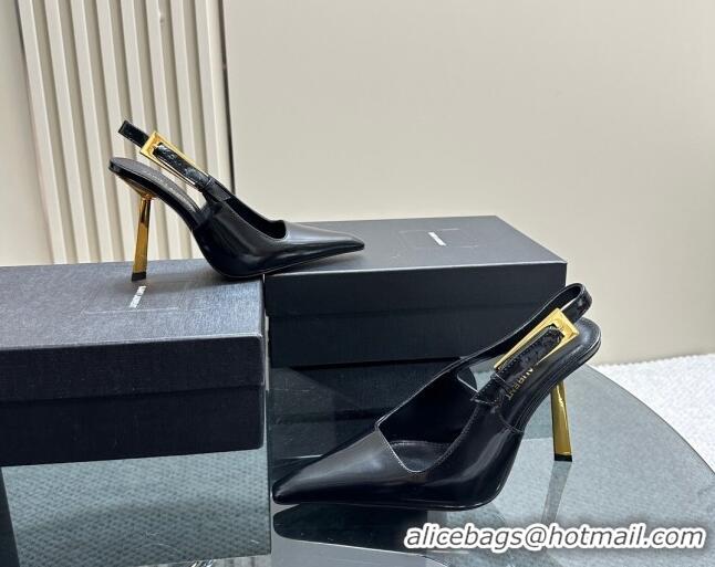 Luxurious Saint Laurent Lee Slingback Pumps 10.5cm with Buckle in Brushed Leather Black 106061