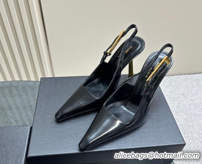 Luxurious Saint Laurent Lee Slingback Pumps 10.5cm with Buckle in Brushed Leather Black 106061