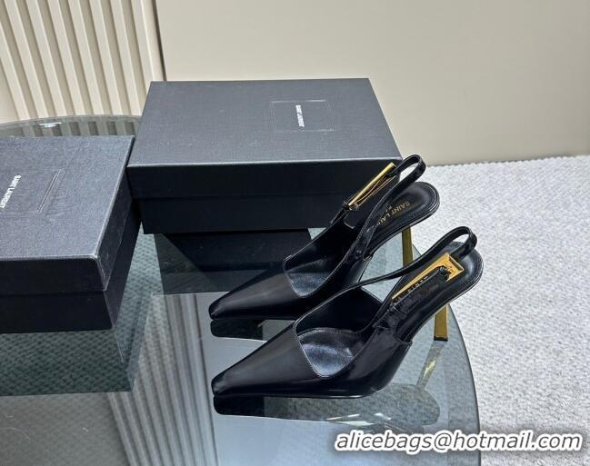 Luxurious Saint Laurent Lee Slingback Pumps 10.5cm with Buckle in Brushed Leather Black 106061