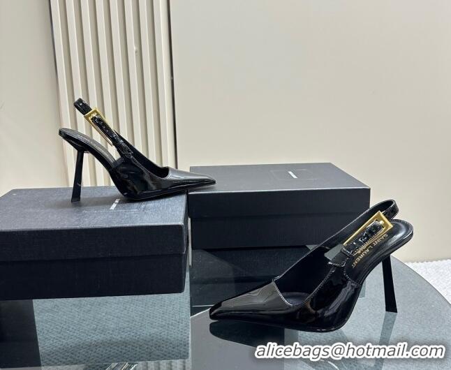 Purchase Saint Laurent Lee Slingback Pumps 10.5cm with Buckle in Patent Leather Black/Gold 106062