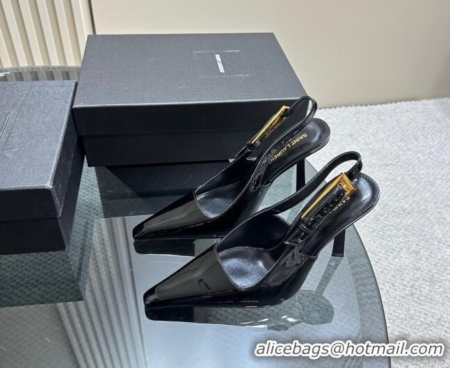 Purchase Saint Laurent Lee Slingback Pumps 10.5cm with Buckle in Patent Leather Black/Gold 106062