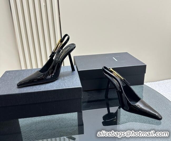 Purchase Saint Laurent Lee Slingback Pumps 10.5cm with Buckle in Patent Leather Black/Gold 106062