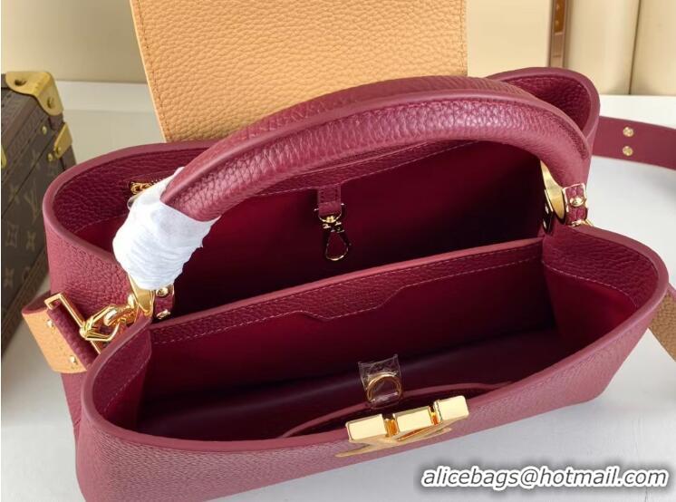 Top Grade Louis Vuitton Capucines MM Bag in Taurillon Leather M21689 Burgundy/Apricot