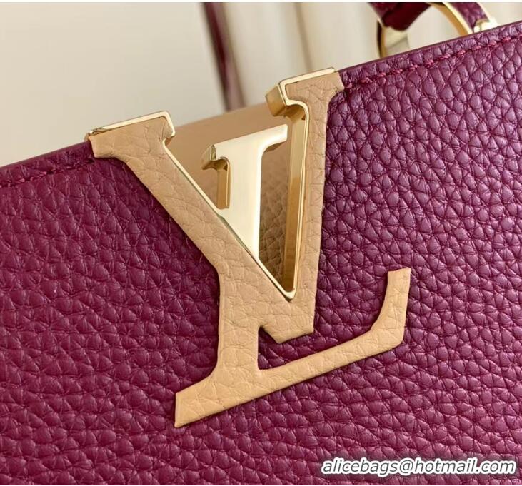 Top Grade Louis Vuitton Capucines MM Bag in Taurillon Leather M21689 Burgundy/Apricot