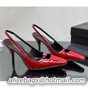 Lowest Price Saint Laurent Sadie Slingbacks Pumps 9cm with Crystal Buckle Dark Red 121072