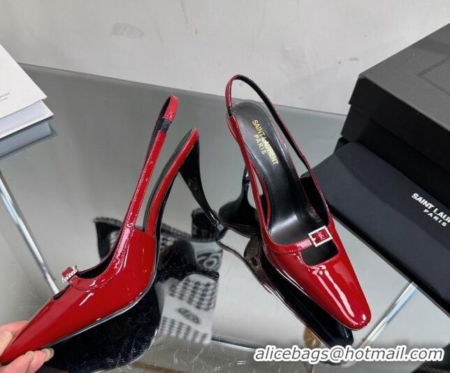 Lowest Price Saint Laurent Sadie Slingbacks Pumps 9cm with Crystal Buckle Dark Red 121072