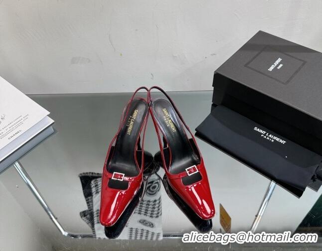 Lowest Price Saint Laurent Sadie Slingbacks Pumps 9cm with Crystal Buckle Dark Red 121072