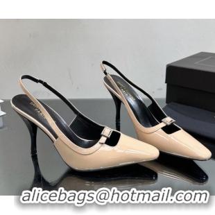 Buy Luxury Saint Laurent Sadie Slingbacks Pumps 9cm with Crystal Buckle Nude 121073