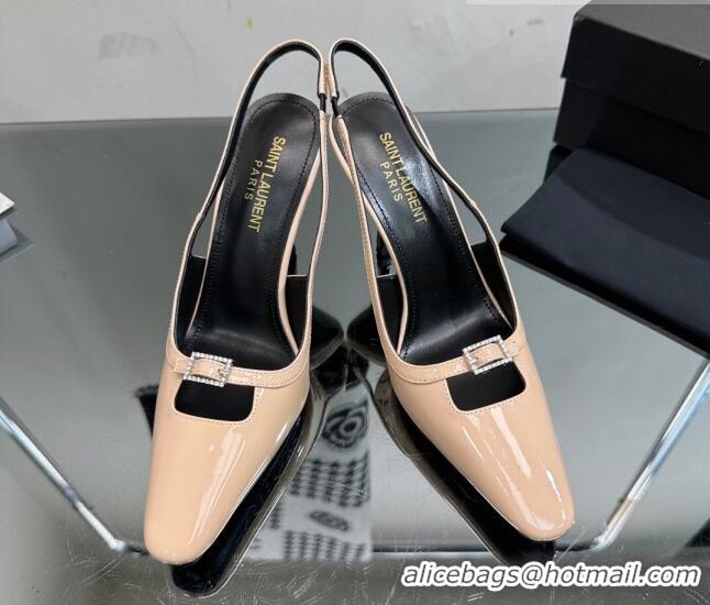 Buy Luxury Saint Laurent Sadie Slingbacks Pumps 9cm with Crystal Buckle Nude 121073