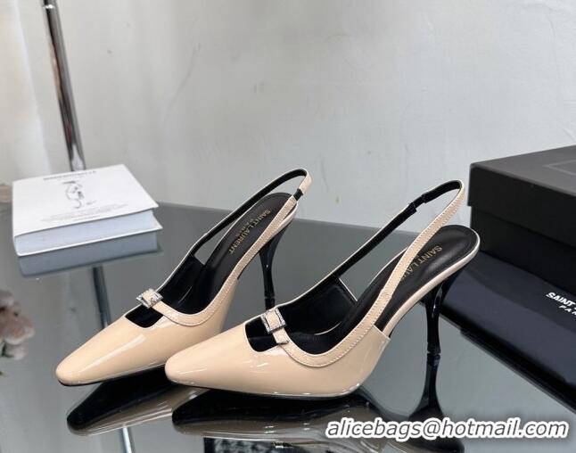 Buy Luxury Saint Laurent Sadie Slingbacks Pumps 9cm with Crystal Buckle Nude 121073