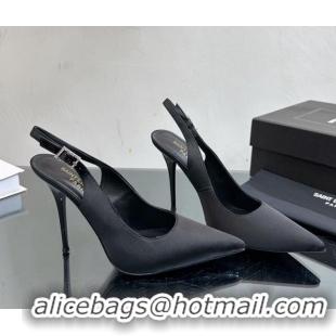 Classic Hot Saint Laurent Zoe Slingbacks Pumps 10.5cm in Silk with Crystal Buckle Black 121074