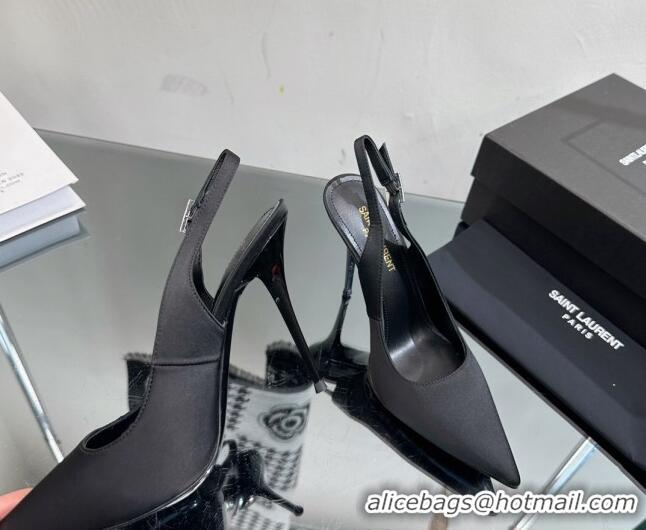 Classic Hot Saint Laurent Zoe Slingbacks Pumps 10.5cm in Silk with Crystal Buckle Black 121074