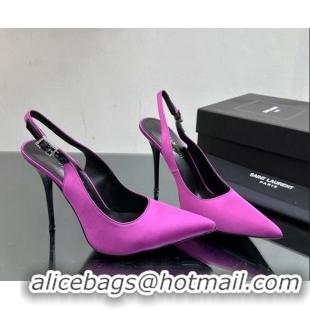 Most Popular Saint Laurent Zoe Slingbacks Pumps 10.5cm in Silk with Crystal Buckle Purple 121075