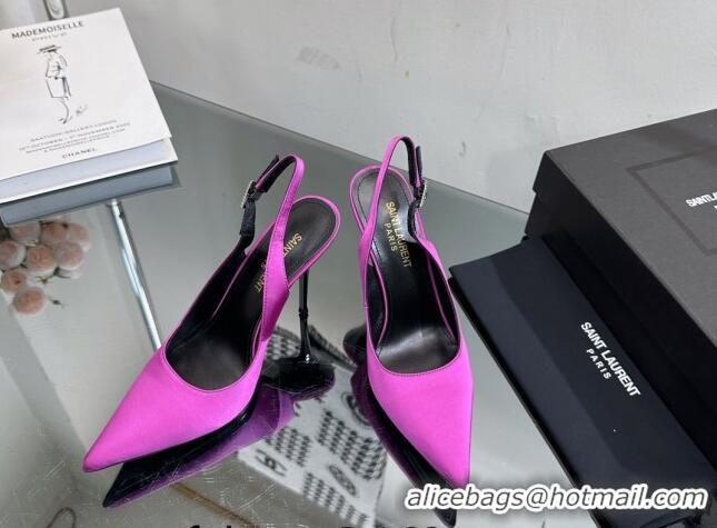 Most Popular Saint Laurent Zoe Slingbacks Pumps 10.5cm in Silk with Crystal Buckle Purple 121075