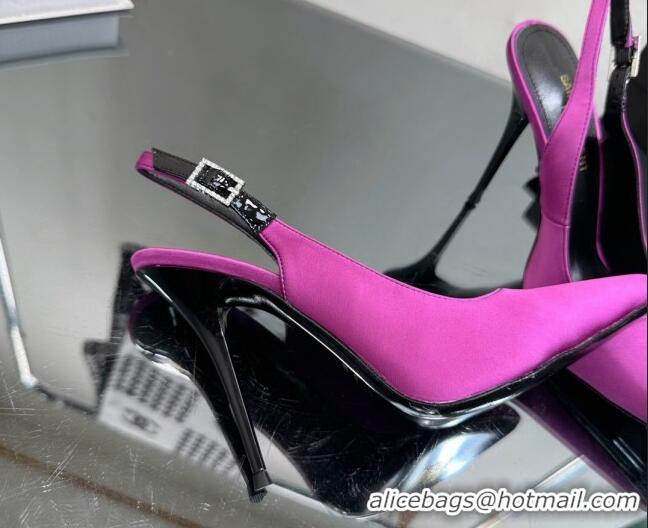 Most Popular Saint Laurent Zoe Slingbacks Pumps 10.5cm in Silk with Crystal Buckle Purple 121075