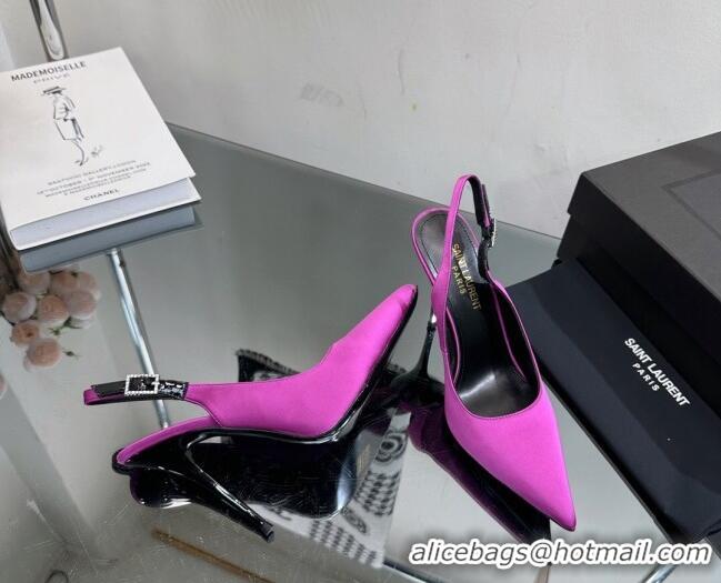 Most Popular Saint Laurent Zoe Slingbacks Pumps 10.5cm in Silk with Crystal Buckle Purple 121075