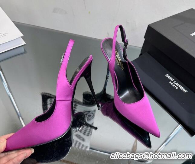 Most Popular Saint Laurent Zoe Slingbacks Pumps 10.5cm in Silk with Crystal Buckle Purple 121075