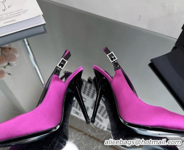 Most Popular Saint Laurent Zoe Slingbacks Pumps 10.5cm in Silk with Crystal Buckle Purple 121075