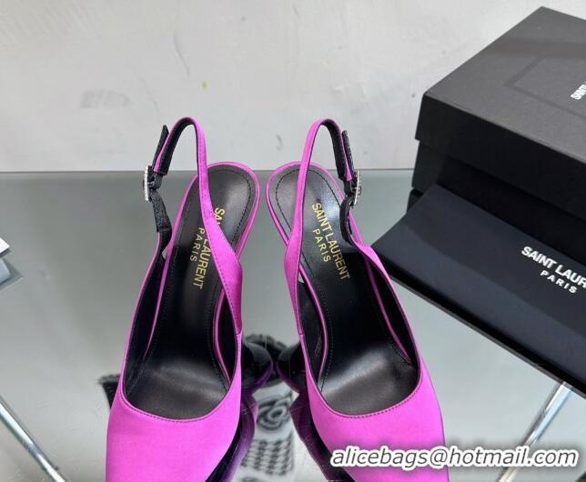 Most Popular Saint Laurent Zoe Slingbacks Pumps 10.5cm in Silk with Crystal Buckle Purple 121075