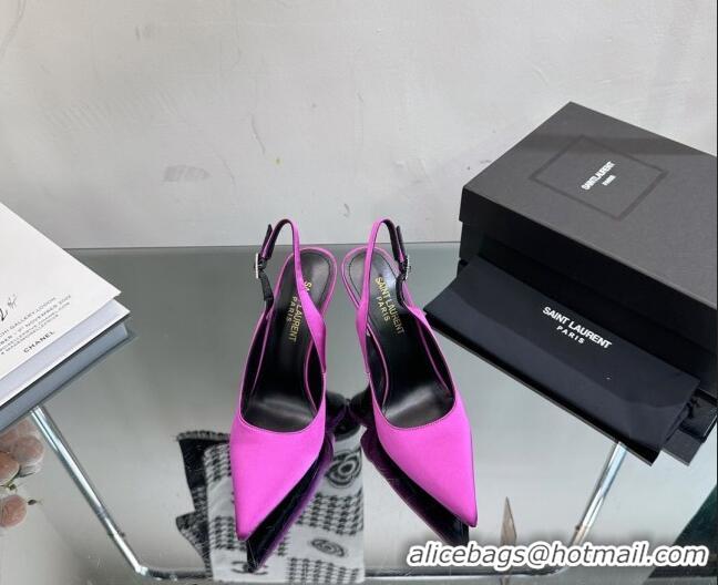 Most Popular Saint Laurent Zoe Slingbacks Pumps 10.5cm in Silk with Crystal Buckle Purple 121075