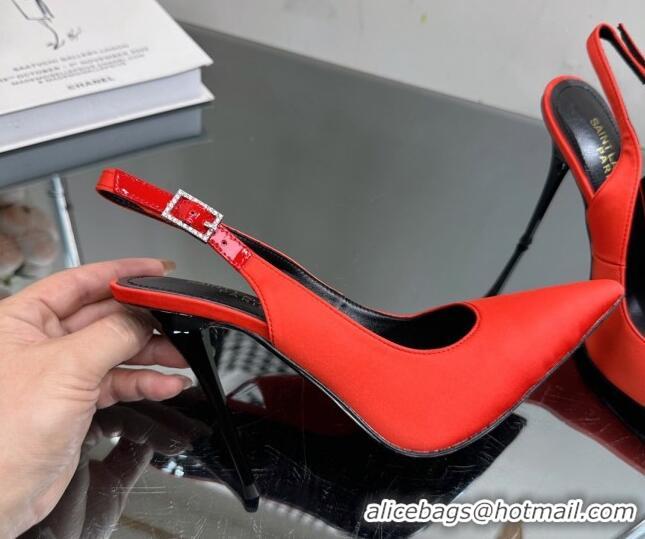 Cheap Price Saint Laurent Zoe Slingbacks Pumps 10.5cm in Silk with Crystal Buckle Red 121076