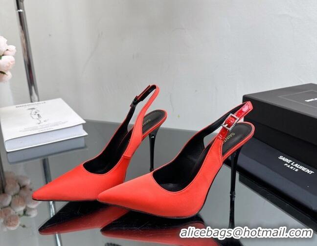 Cheap Price Saint Laurent Zoe Slingbacks Pumps 10.5cm in Silk with Crystal Buckle Red 121076