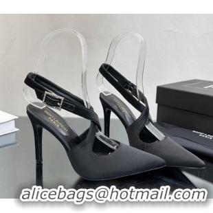 Top Design Saint Laurent Spontini Slingbacks Pumps 10cm in Silk with Crystal Buckle Black 121078