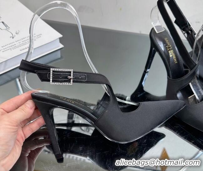 Top Design Saint Laurent Spontini Slingbacks Pumps 10cm in Silk with Crystal Buckle Black 121078