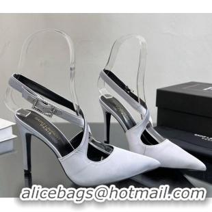 Low Cost Saint Laurent Spontini Slingbacks Pumps 10cm in Silk with Crystal Buckle Light Grey 121079