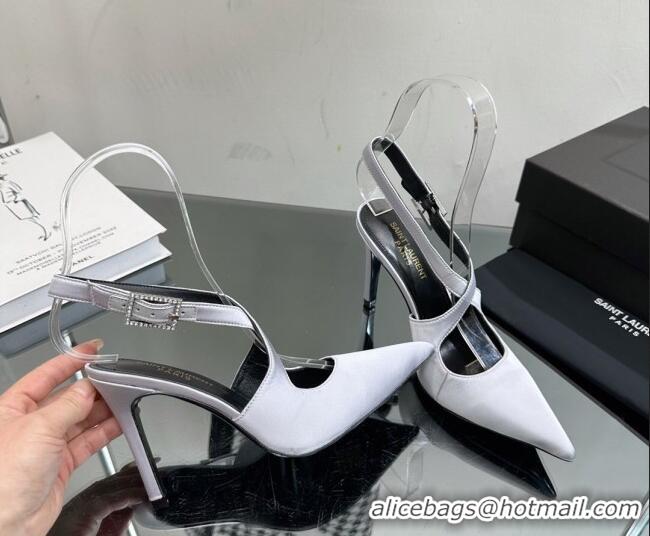 Low Cost Saint Laurent Spontini Slingbacks Pumps 10cm in Silk with Crystal Buckle Light Grey 121079