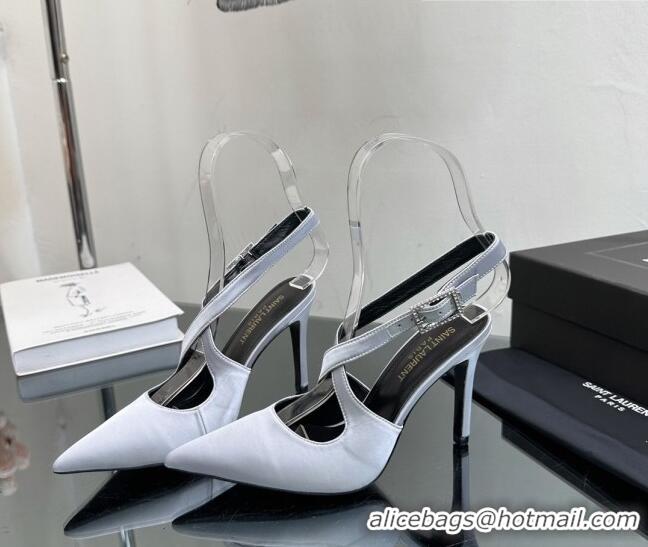 Low Cost Saint Laurent Spontini Slingbacks Pumps 10cm in Silk with Crystal Buckle Light Grey 121079