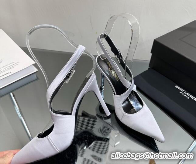 Low Cost Saint Laurent Spontini Slingbacks Pumps 10cm in Silk with Crystal Buckle Light Grey 121079