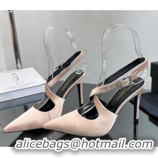 Charming Saint Laurent Spontini Slingbacks Pumps 10cm in Silk with Crystal Buckle Nude 121080