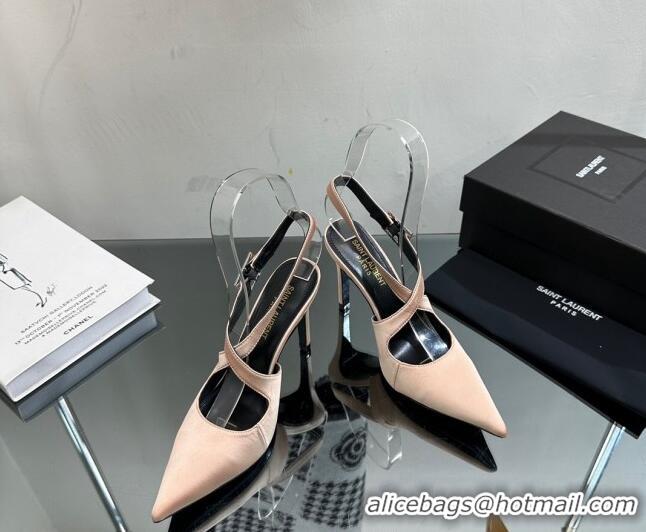 Charming Saint Laurent Spontini Slingbacks Pumps 10cm in Silk with Crystal Buckle Nude 121080