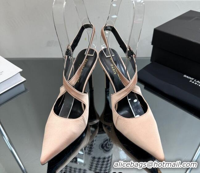 Charming Saint Laurent Spontini Slingbacks Pumps 10cm in Silk with Crystal Buckle Nude 121080