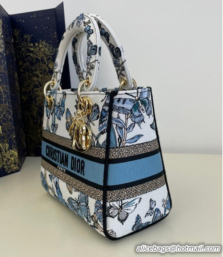 New Design MEDIUM LADY D-LITE BAG White and Pastel Midnight Blue Toile de Jouy Mexico Embroidery M0565OE