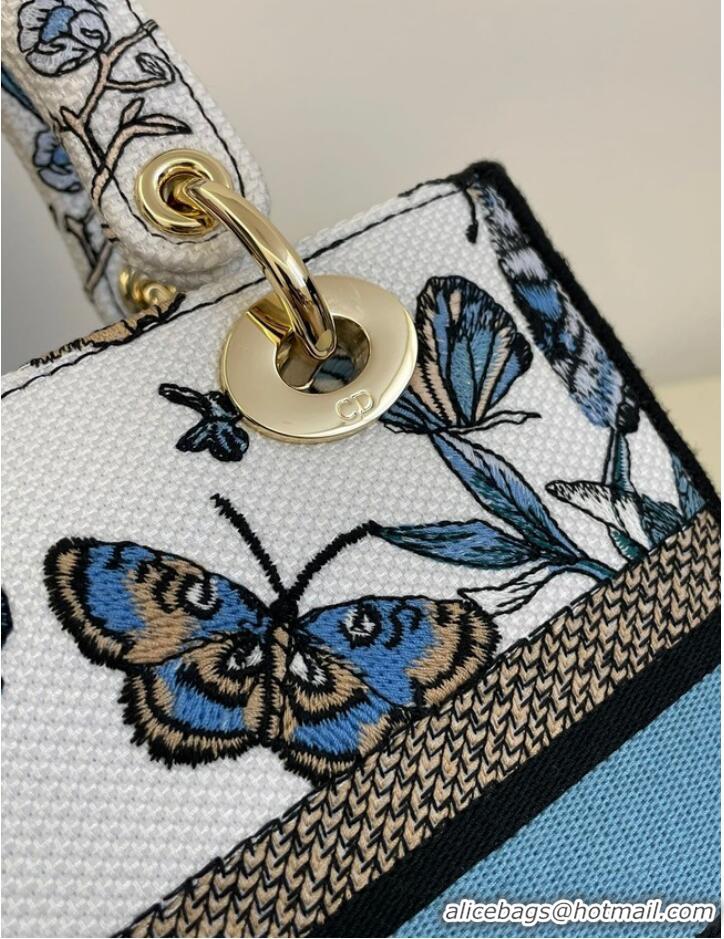 New Design MEDIUM LADY D-LITE BAG White and Pastel Midnight Blue Toile de Jouy Mexico Embroidery M0565OE