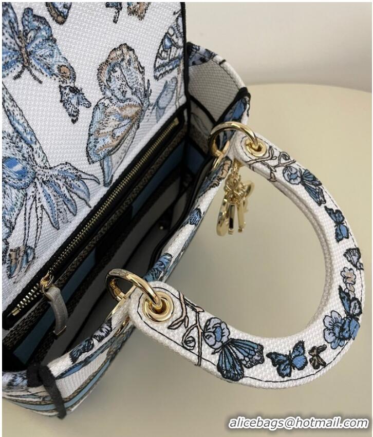 New Design MEDIUM LADY D-LITE BAG White and Pastel Midnight Blue Toile de Jouy Mexico Embroidery M0565OE