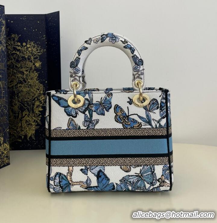 New Design MEDIUM LADY D-LITE BAG White and Pastel Midnight Blue Toile de Jouy Mexico Embroidery M0565OE