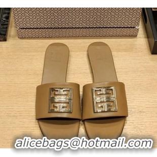 Grade Givenchy 4G Leather Flat Slide Sandals Khaki 703131