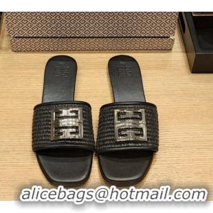 Best Product Givenchy 4G Straw Flat Slide Sandals Black 703142