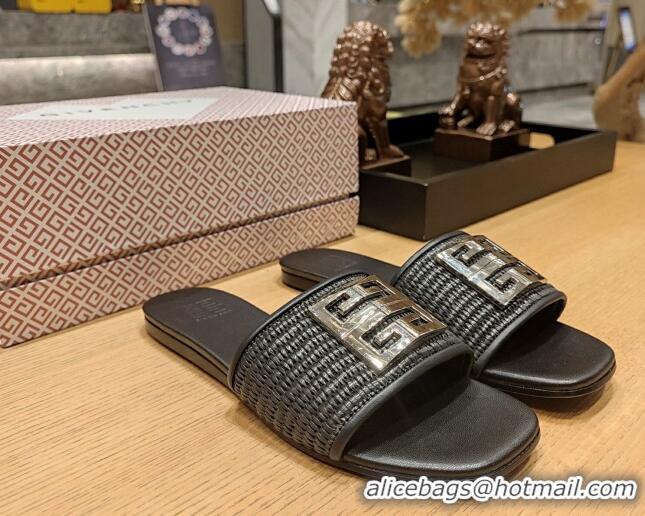 Best Product Givenchy 4G Straw Flat Slide Sandals Black 703142